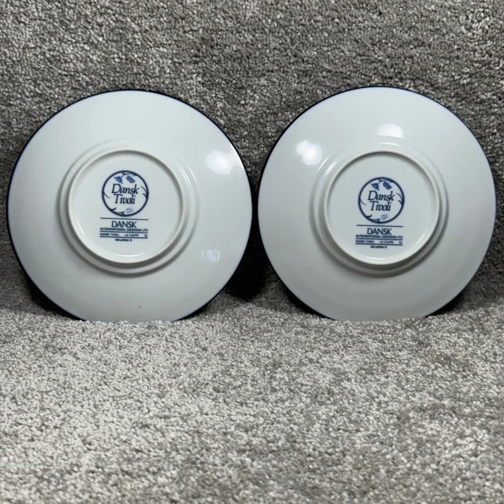 Dansk Tivoli La Tulipe Saucers Set of 2‎ White Navy Blue Lines Japan Vintage MCM